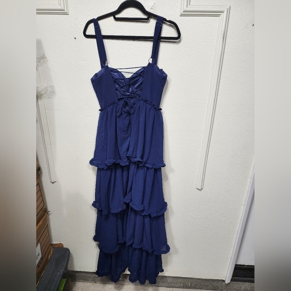 Lulus Sophisticated Occasion Navy Blue Bustier Lace-Up Maxi Dress Wedding - Picture 9 of 10
